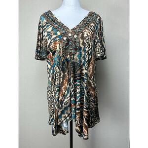 Dressbarn Women’s Blouse Beaded Neckline 18/20 Handkerchief Hemline Turquoise